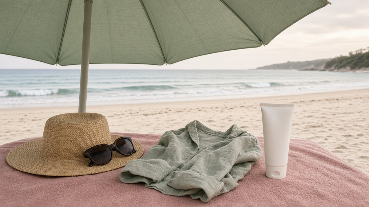 Broad-brimmed hat, sunglasses, long-sleeved shirt and sunscreen on a towel in the shade of a beach umbrella
